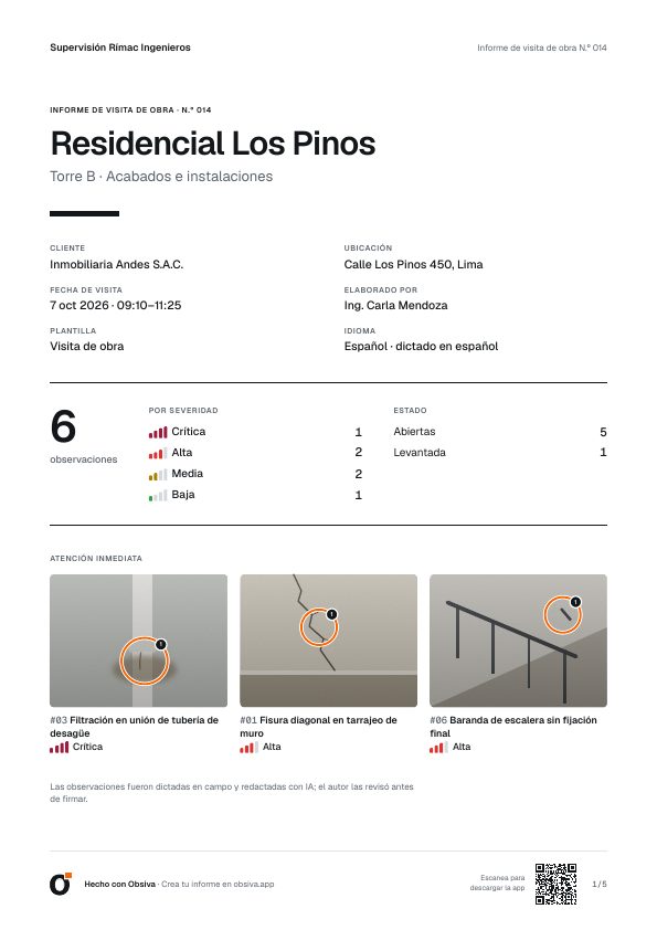 Portada del reporte con el total de observaciones por severidad y estado