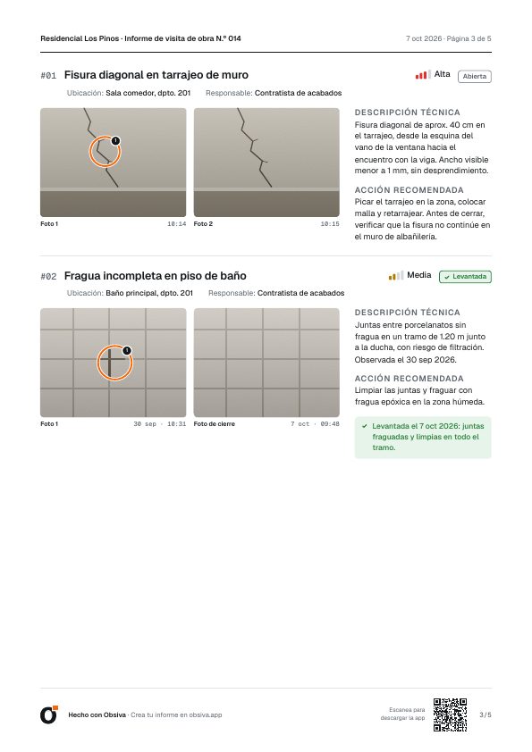 Observaciones con fotos anotadas, descripción técnica y acción recomendada