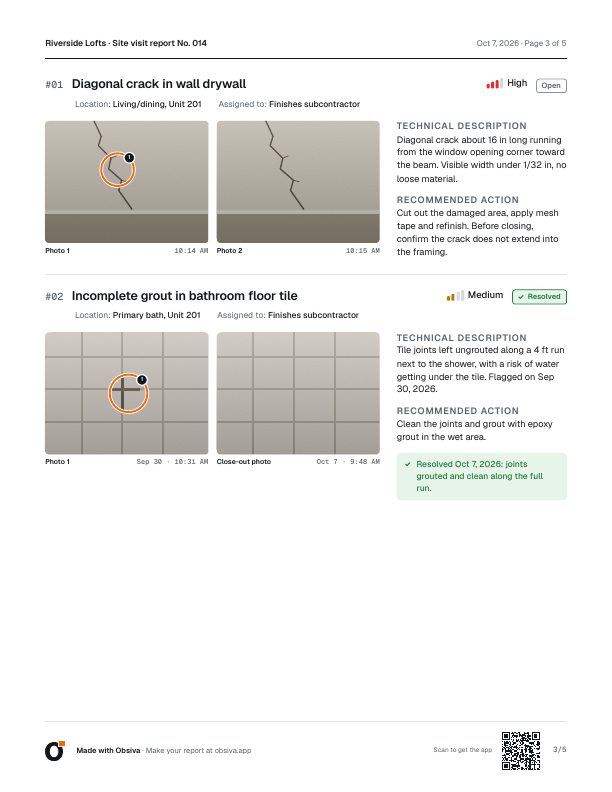 Observations with marked-up photos, technical description and recommended action